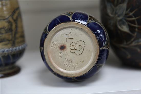 Two Doulton Lambeth stoneware sgraffito vases, by Hannah and Florence Barlow, dated 1883 and 1875, 23cm and 17.5cm